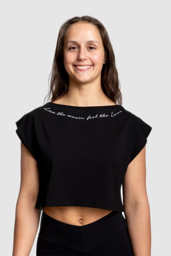 Crop top „Live the Music, Feel the Love“ - Barva: Černá, Velikost: L